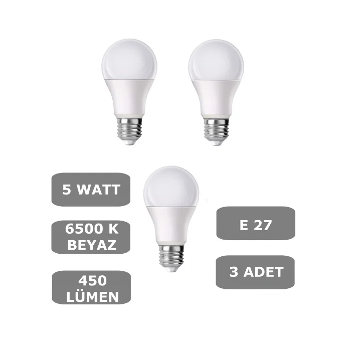 5W E27 Led Ampul 6500K Beyaz Işık (450 Lümen) (3 Adet)