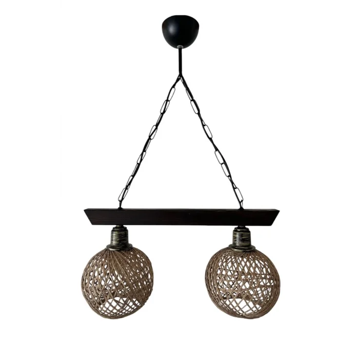 Sarkıt Jüt Hasır Başlık İkili Ahşap Avize Kablo 70cm