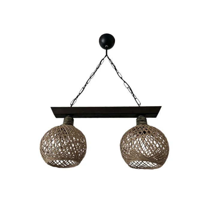 Sarkıt Jüt Hasır Başlık İkili Ahşap Avize Kablo 70cm