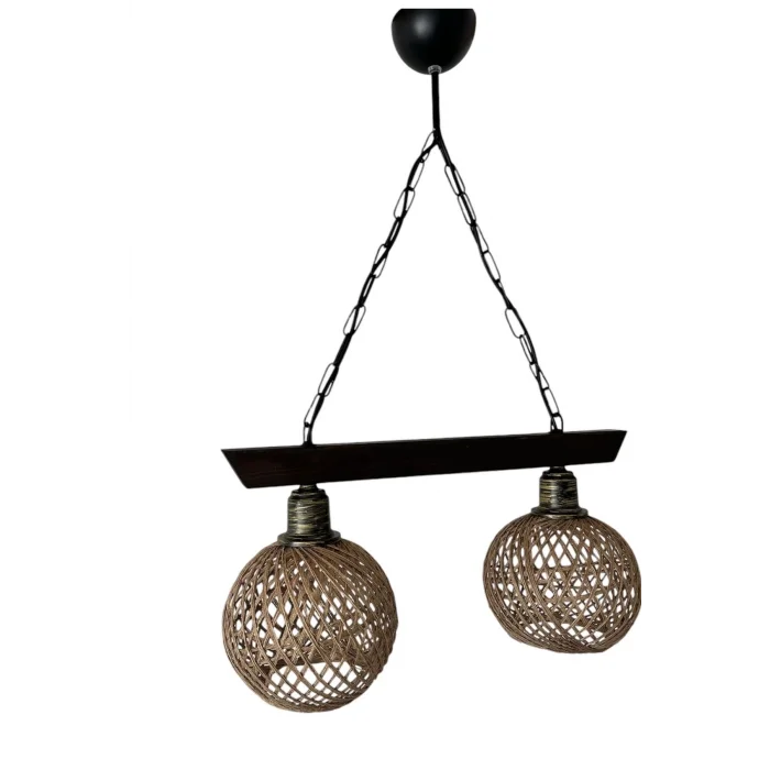 Sarkıt Jüt Hasır Başlık İkili Ahşap Avize Kablo 70cm