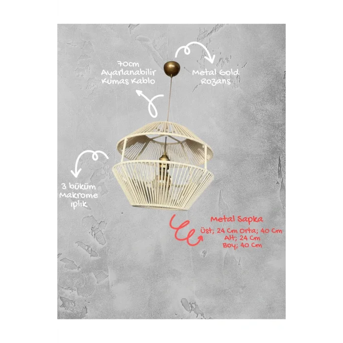 Filara - Makrome Avize - Ekru, Metal İskelet