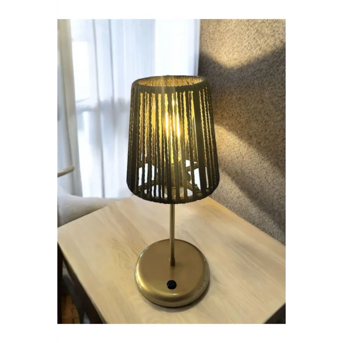 Lyris - Makrome Abajur, Mini Masa Lambası (Siyah Başlık, Gold Ayak)