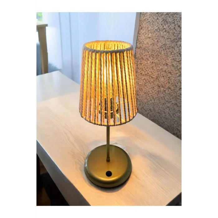 Lyris - Makrome Abajur, Mini Masa Lambası (Pudra Başlık, Gold Ayak)