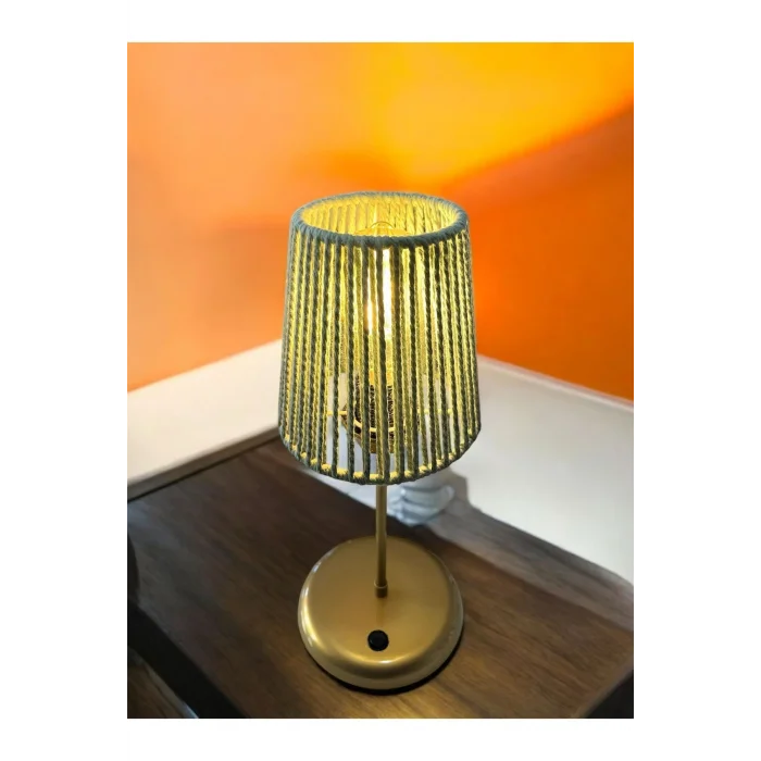 Lyris - Makrome Abajur, Mini Masa Lambası (Küf Yeşili Başlık, Gold Ayak)