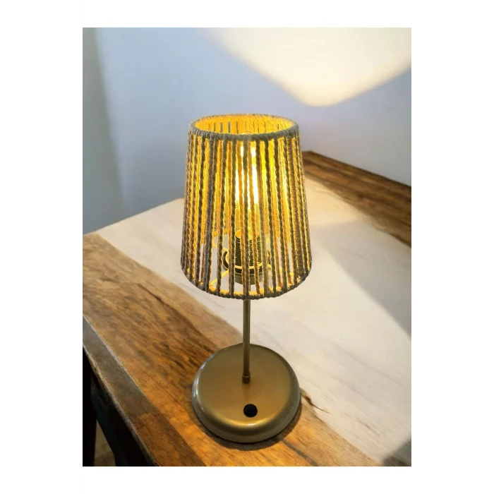 Lyris - Makrome Abajur, Mini Masa Lambası (Koyu Bej Başlık, Gold Ayak)