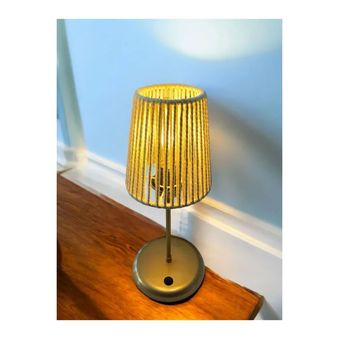 Lyris - Makrome Abajur, Mini Masa Lambası (Ekru Başlık, Gold Ayak)