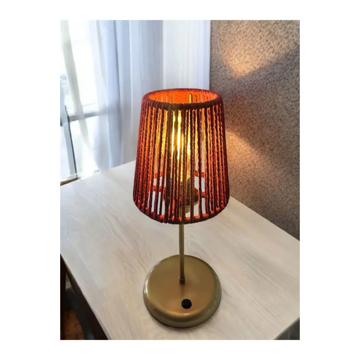 Lyris - Makrome Abajur, Mini Masa Lambası (Bordo Başlık, Gold Ayak)