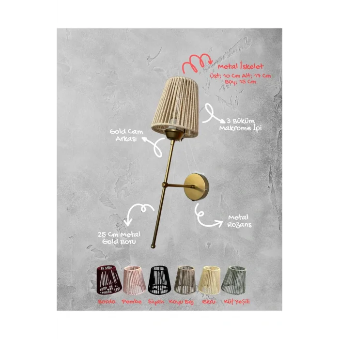 Auera - Makrome İpli Aplik Küf Yeşili (2 Metre Arapuarlı Fişli Kablosu Dahil)