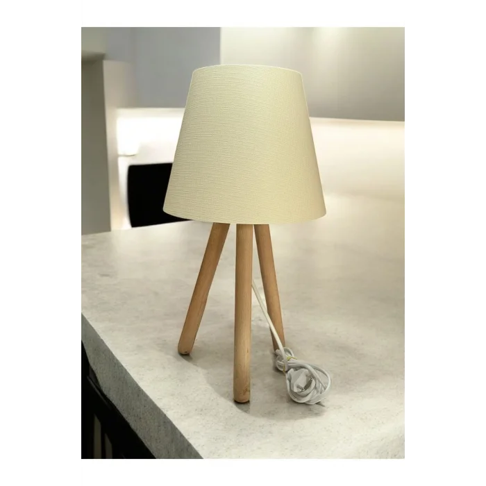 Üç Ayak Ahşap Abajur (22 Cm Pvc Ekru Başlık)