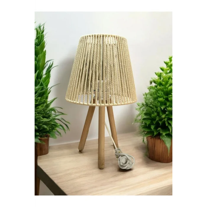 Üç Ayak Ahşap Abajur (25 Cm Ekru Makrome Başlık)
