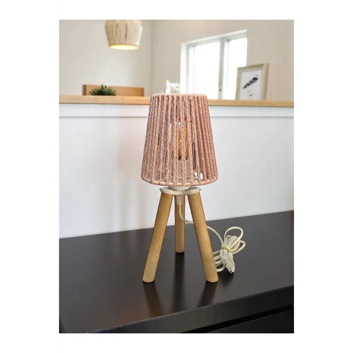 Üç Ayak Mini Ahşap Abajur (Pudra Makrome İp Başlık)