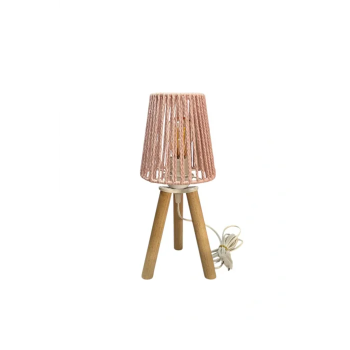 Üç Ayak Mini Ahşap Abajur (Pudra Makrome İp Başlık)