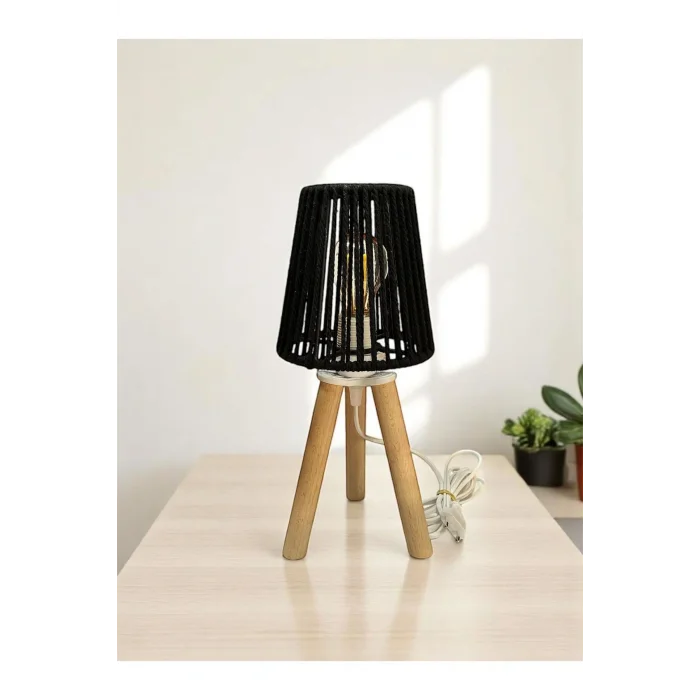 Üç Ayak Mini Ahşap Abajur (Siyah Makrome İp Başlık)