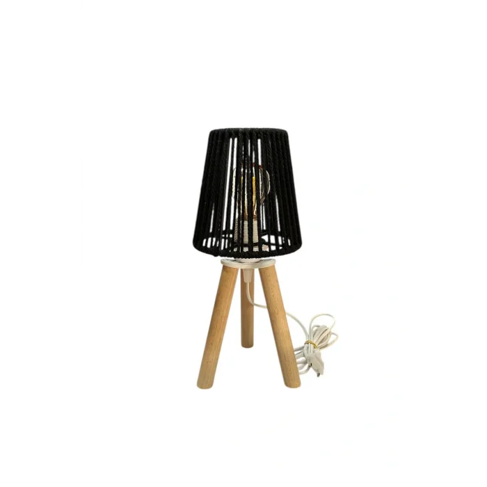 Üç Ayak Mini Ahşap Abajur (Siyah Makrome İp Başlık)