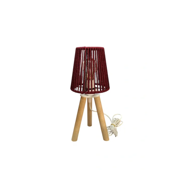 Üç Ayak Mini Ahşap Abajur (Bordo Makrome İp Başlık)