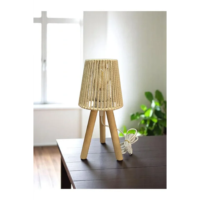 Üç Ayak Mini Ahşap Abajur (Ekru Makrome İp Başlık)