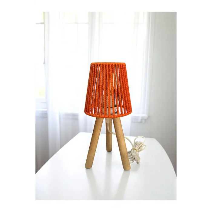 Üç Ayak Mini Ahşap Abajur (Turuncu Makrome İp Başlık)