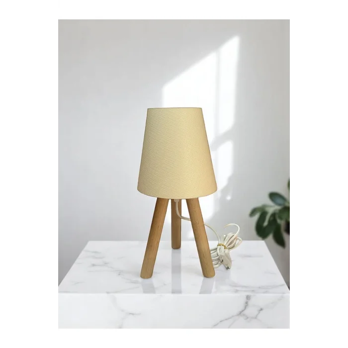 Üç Ayak Mini Ahşap Abajur (Pvc Ekru Başlık)
