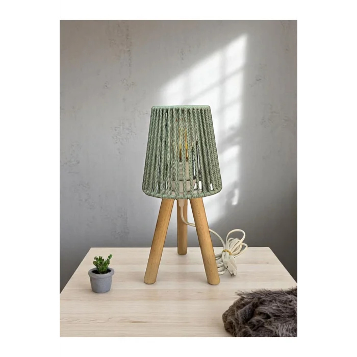 Üç Ayak Mini Ahşap Abajur (Küf Yeşili Makrome İp Başlık)