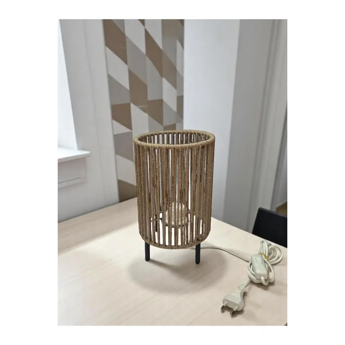 Makrome İpli Metal Masa ve Gece Lambası (Silindir - Koyu Bej)