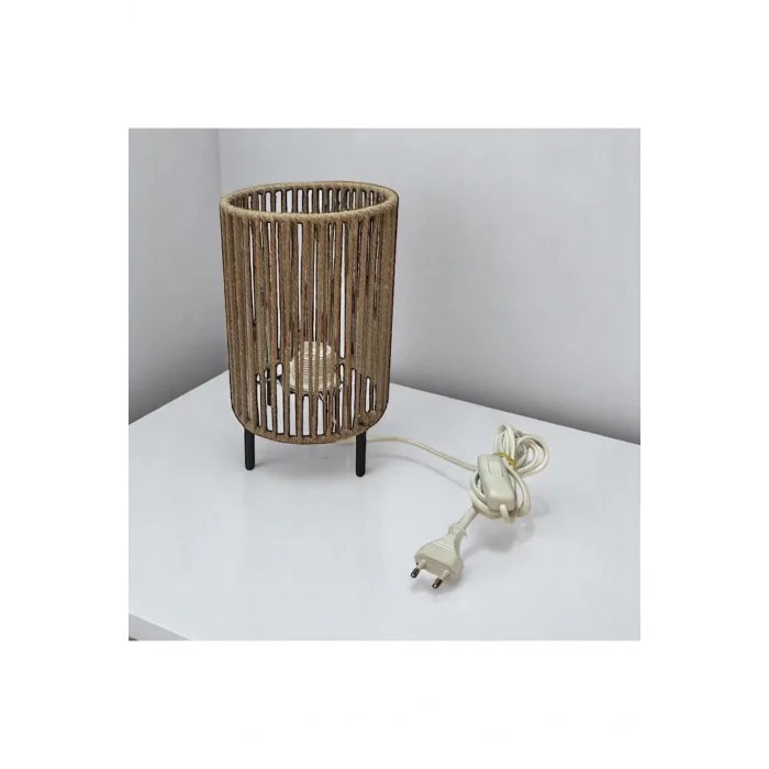 Makrome İpli Metal Masa ve Gece Lambası (Silindir - Koyu Bej)