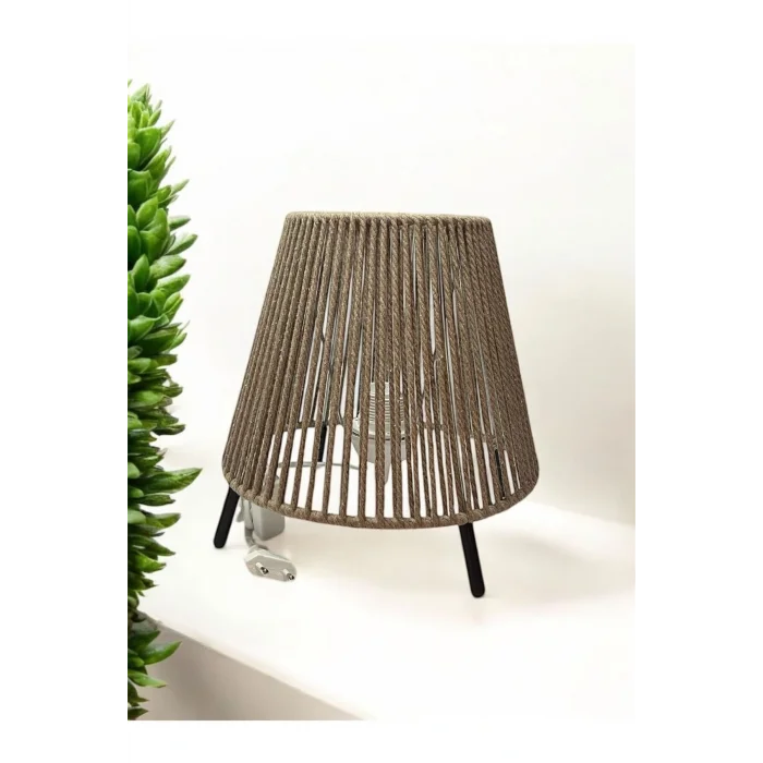 Makrome İpli Metal Masa ve Gece Lambası (Konik - Koyu Bej)