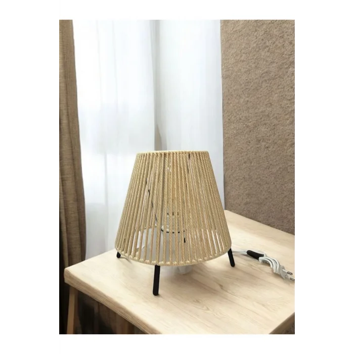 Makrome İpli Metal Masa ve Gece Lambası (Konik - Ekru)