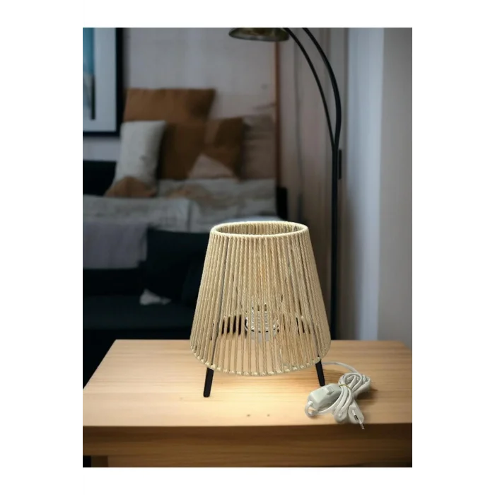 Makrome İpli Metal Masa ve Gece Lambası (Konik - Ekru)