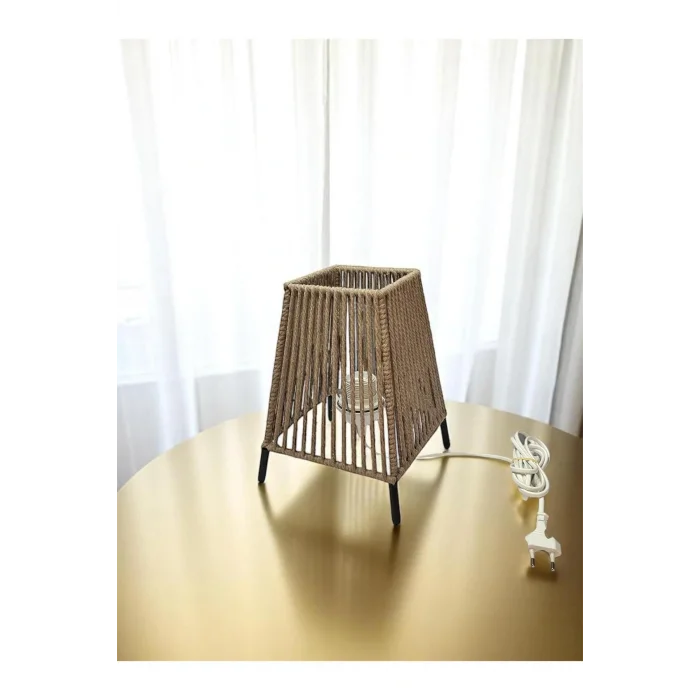 Makrome İpli Metal Masa ve Gece Lambası (Kare Konik- Koyu Bej)