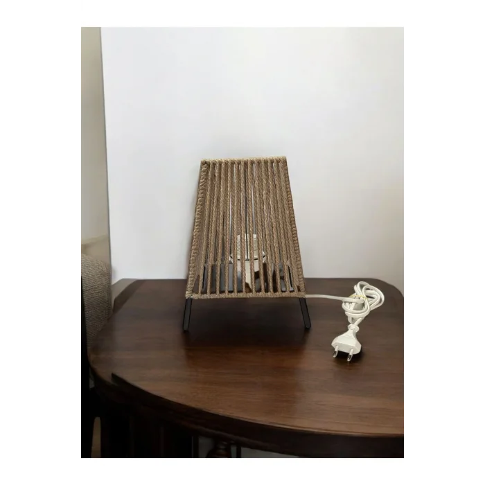 Makrome İpli Metal Masa ve Gece Lambası (Kare Konik- Koyu Bej)