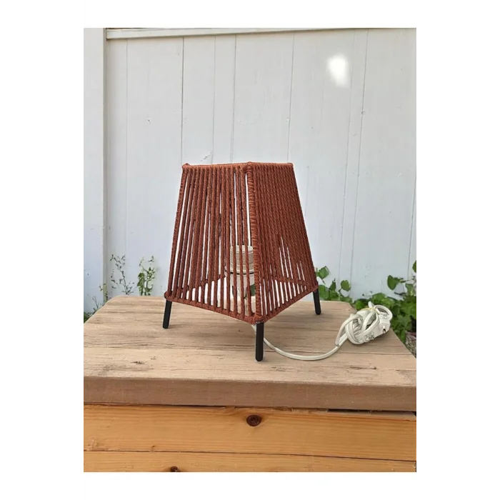 Makrome İpli Metal Masa ve Gece Lambası (Kare Konik - Kiremit)