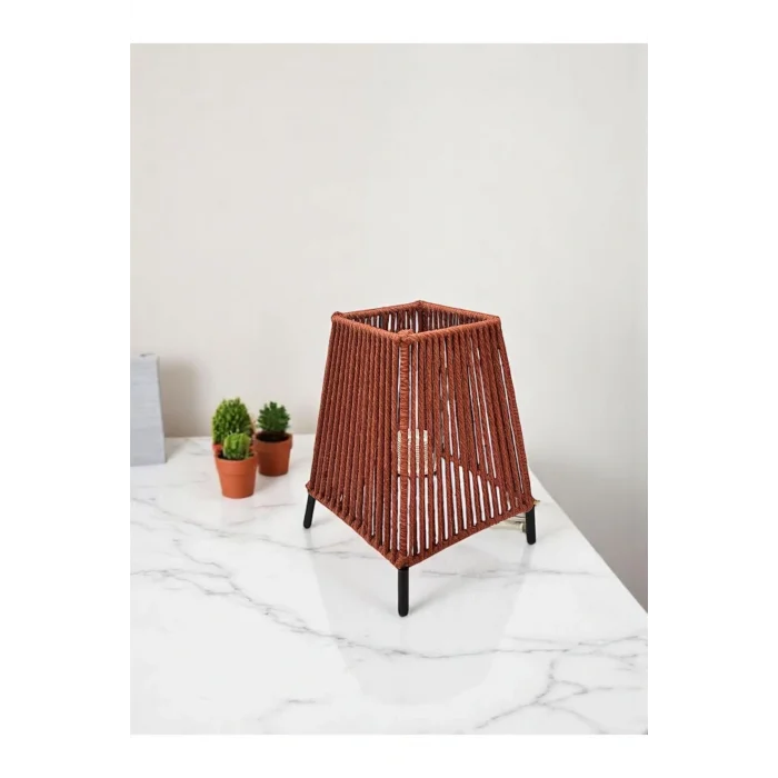 Makrome İpli Metal Masa ve Gece Lambası (Kare Konik - Kiremit)