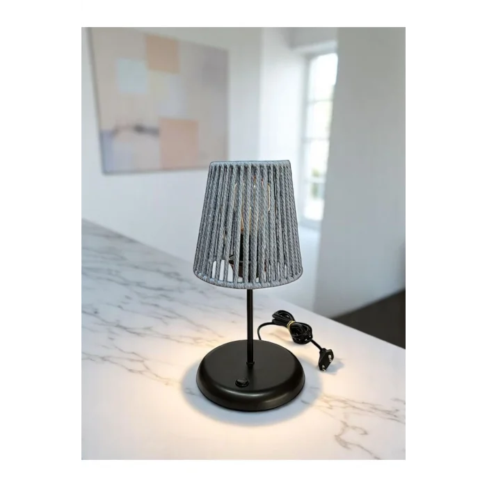 Lyris - Makrome Abajur, Mini Masa Lambası (Bebe Mavi Başlık, Siyah Ayak)