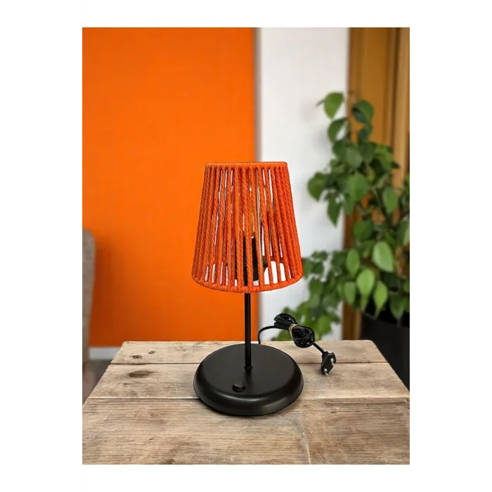 Lyris - Makrome Abajur, Mini Masa Lambası (Turuncu Başlık, Siyah Ayak)