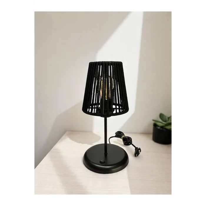 Lyris - Makrome Abajur, Mini Masa Lambası (Siyah Başlık, Siyah Ayak)