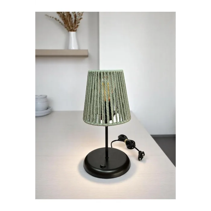 Lyris - Makrome Abajur, Mini Masa Lambası (Küf Yeşili Başlık, Siyah Ayak)