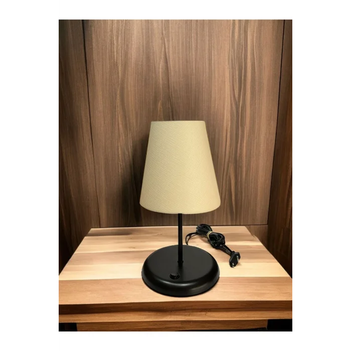 Lyris - Pvc Abajur, Mini Masa Lambası (Ekru Başlık, Siyah Ayak)