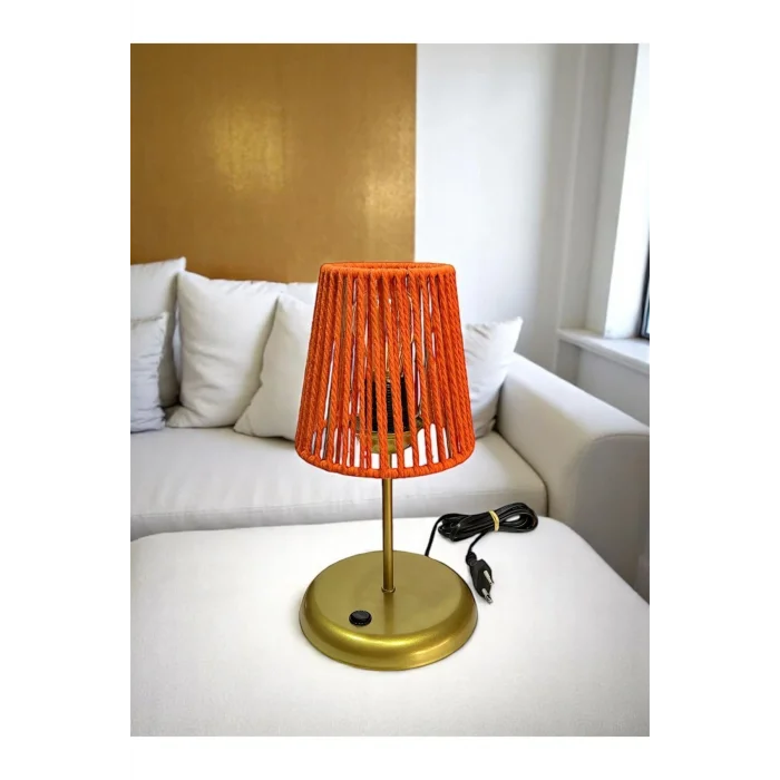 Lyris - Makrome Abajur, Mini Masa Lambası (Turuncu Başlık, Gold Ayak)