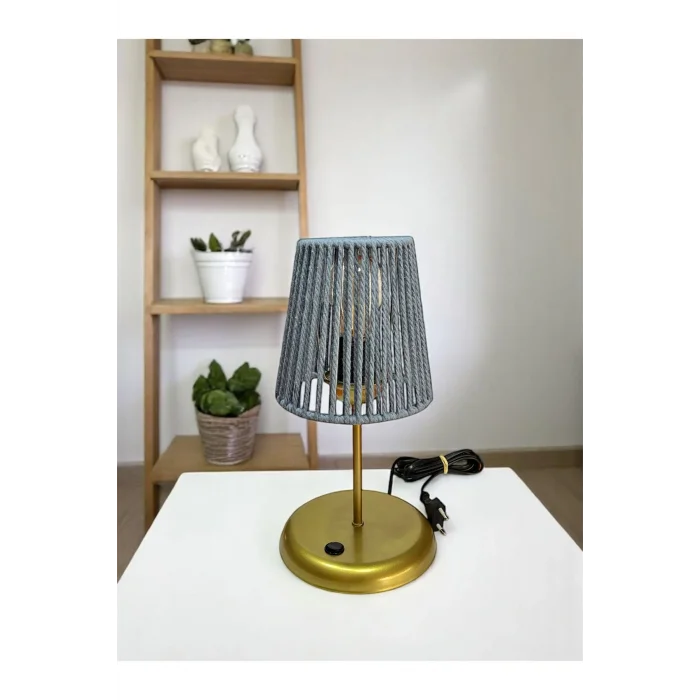 Lyris - Makrome Abajur, Mini Masa Lambası (Bebe Mavi Başlık, Gold Ayak)