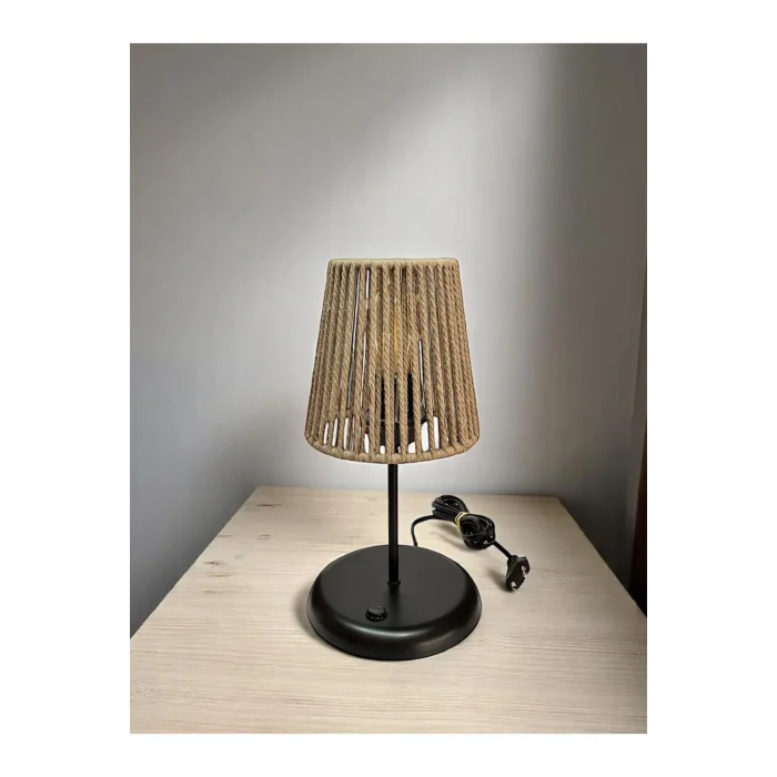 Lyris - Makrome Abajur, Mini Masa Lambası (Kum Beji Başlık, Siyah Ayak)