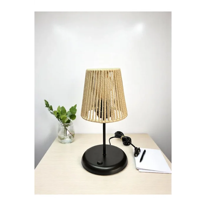 Lyris - Makrome Abajur, Mini Masa Lambası (Ekru Başlık, Siyah Ayak)
