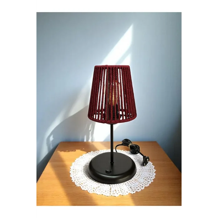 Lyris - Makrome Abajur, Mini Masa Lambası (Bordo Başlık, Siyah Ayak)