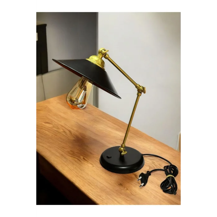 3 Nokta Hareketli Mafsallı Metal Masa Lambası (Gold Kol, Siyah Başlık)