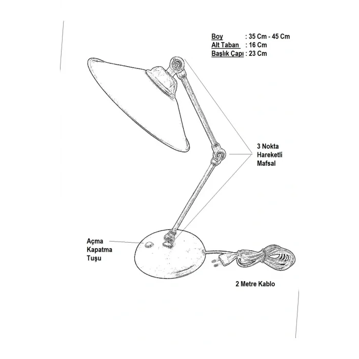 3 Nokta Hareketli Mafsallı Metal Masa Lambası (Siyah Kol, Siyah Başlık)