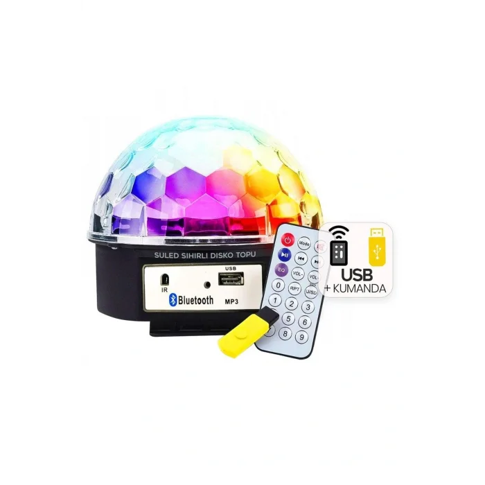 Rgb Işıklı Bluetooth Hoparlörlü Disko Topu USB Müzik Çalar Kumanda 360* Dönen Parti Eğlence Işığı