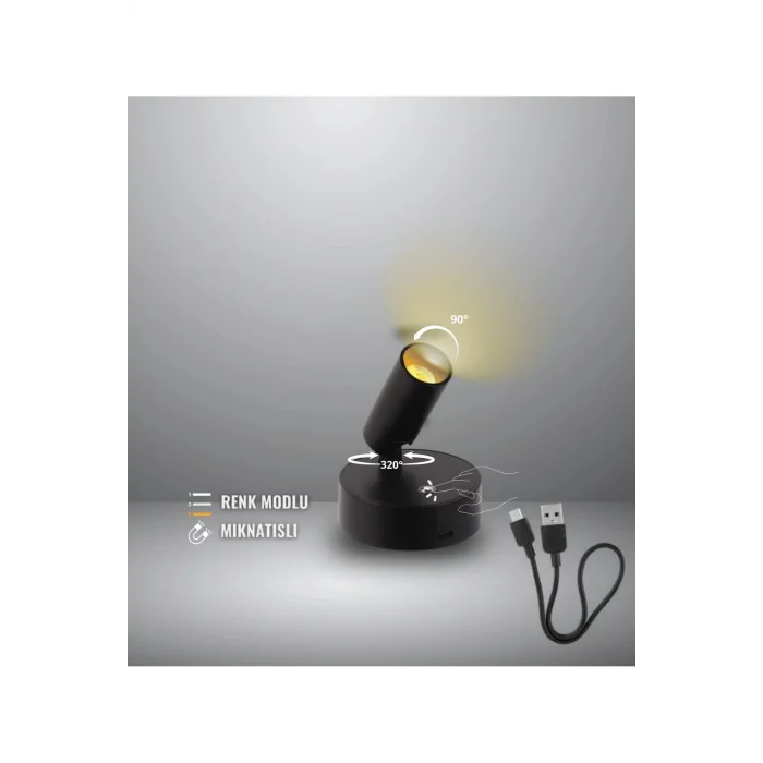 Dokunmatik Şarjlı Led Aplik Yönlendirilebilir (Usb Type C Şarjlı) 3 Mod Renkli, Dimmerli