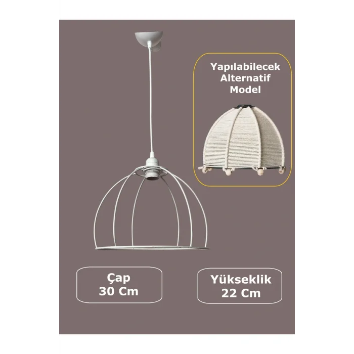Yarım Küre Avize Teli , İskeleti (30x22 Cm) Beyaz Statik Boyalı (Duy Takımı Dahil)
