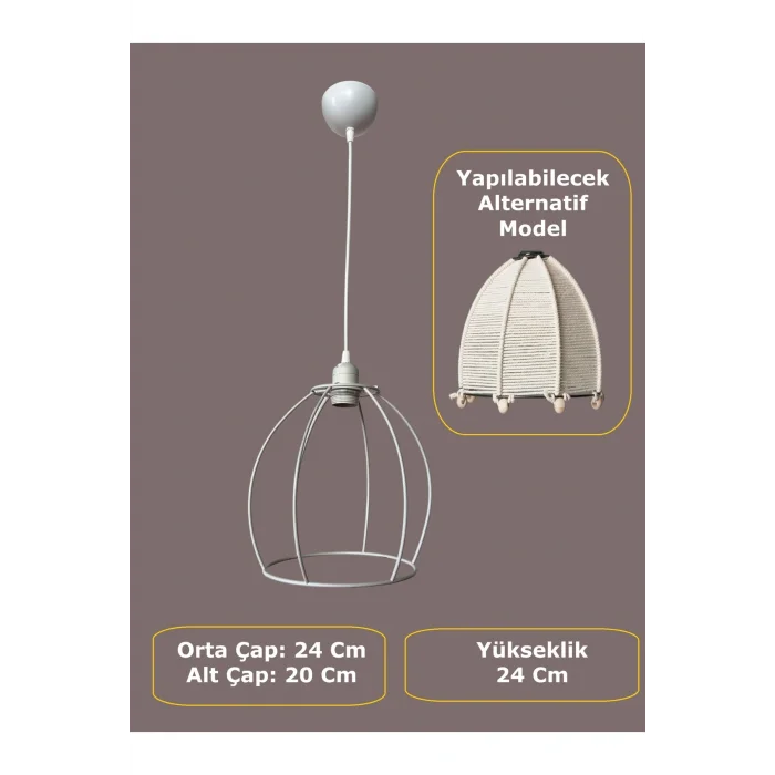 Yarım Küre Avize Teli , İskeleti (20x24 Cm) Beyaz Statik Boyalı (Duy Takımı Dahil)