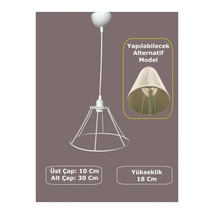 Konik Avize Teli , İskeleti (Uzun Boy 30x18 Cm) Beyaz Statik Boyalı (Duy Takımı Dahil)