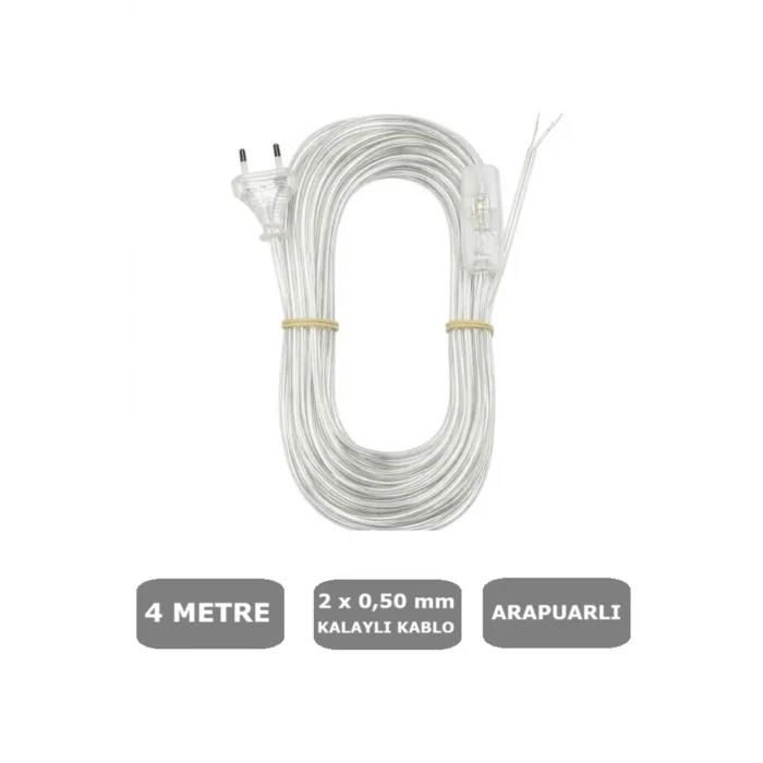 ŞEFFAF, Fişli Arapuarlı Kablo - Anahtarlı (2X0,50) Yassı Kablo - 4 Metre